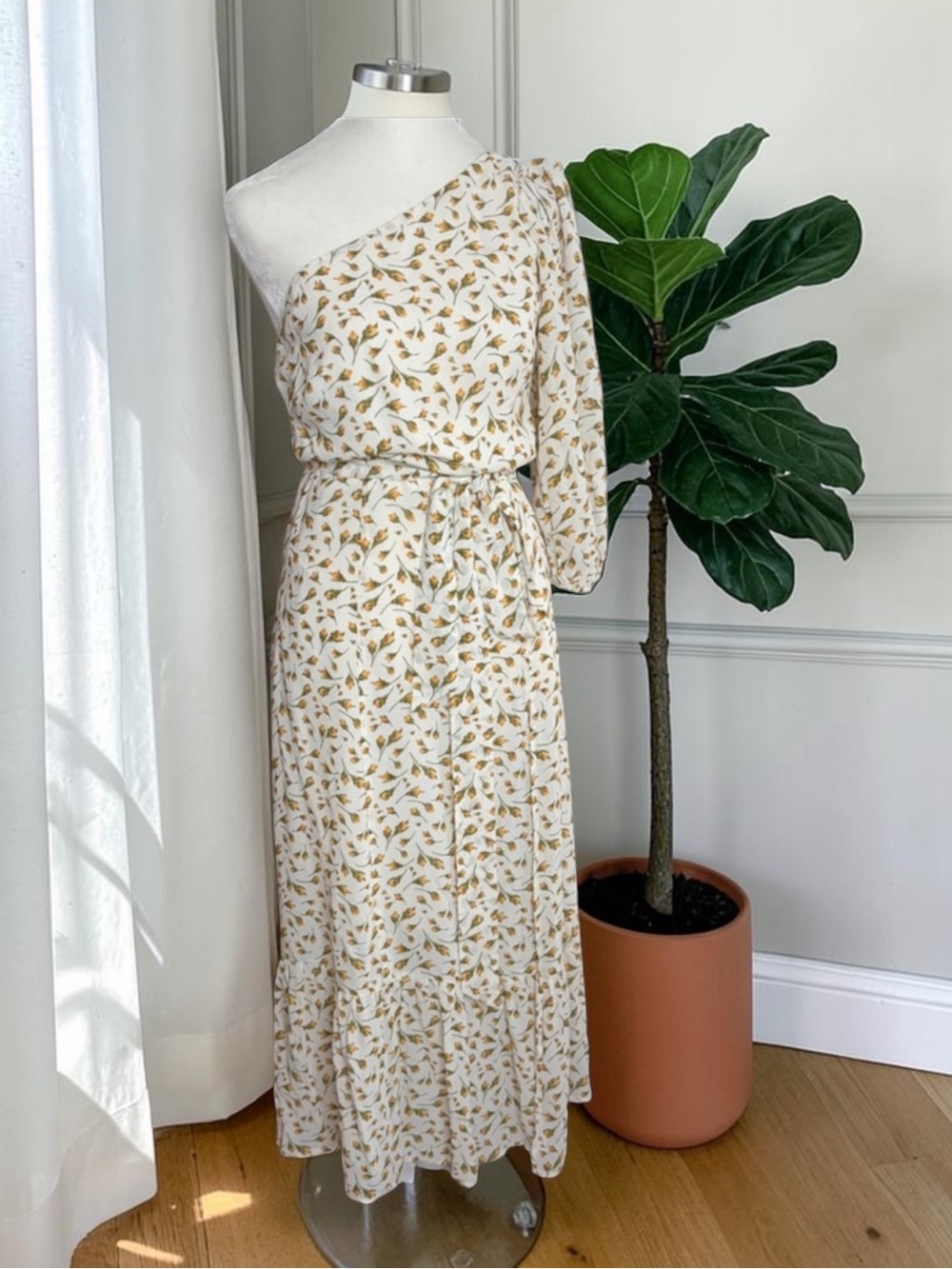 Reformation One-Shoulder Floral Maxi Dress in Cream and Green